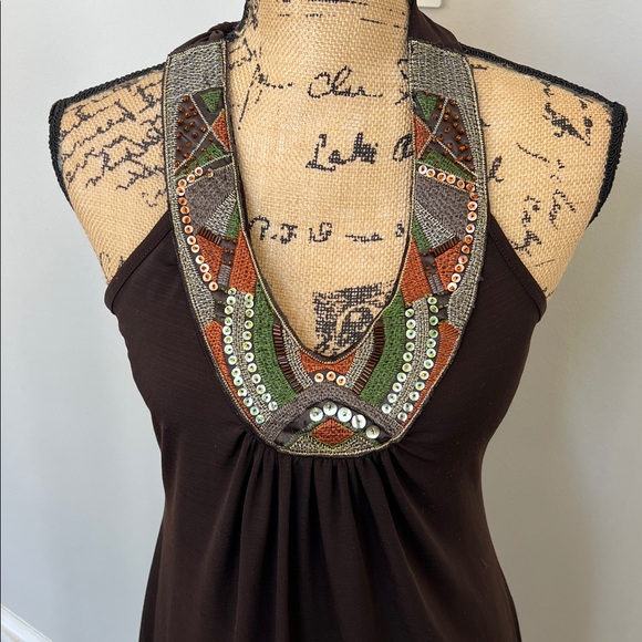 Iz Byer Chocolate Halter Dress with Beaded Detail small - Picture 2 of 5
